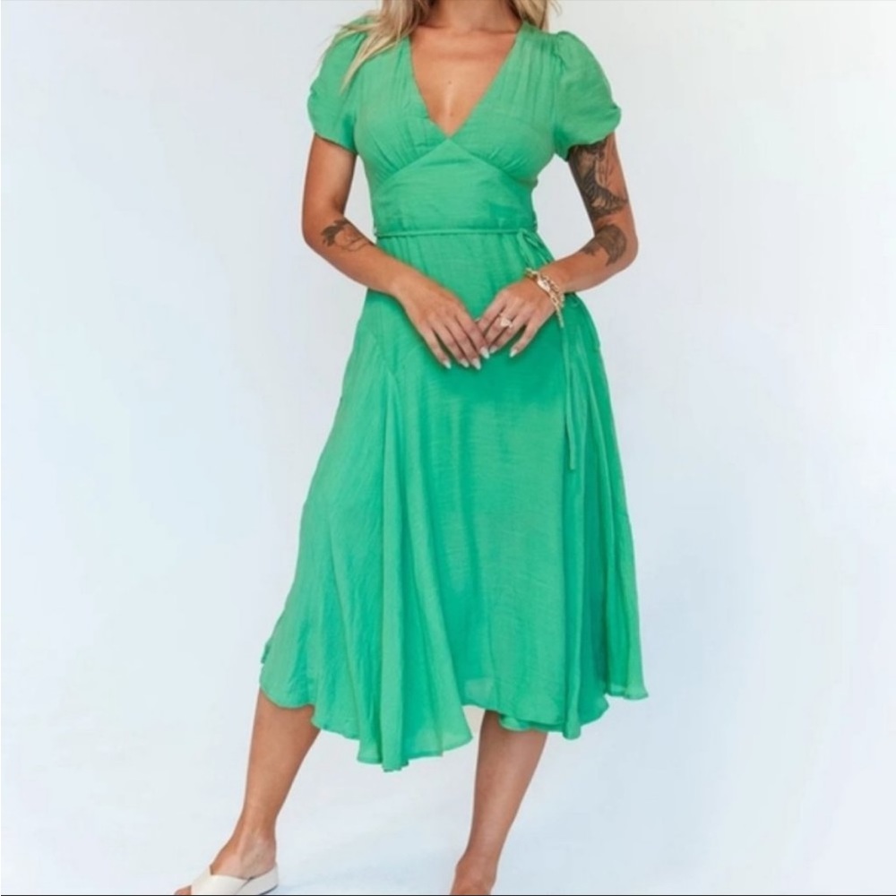 Princess Polly Kelly Green Felleni Short Sleeve Flowy A-line Midi Dress size 6